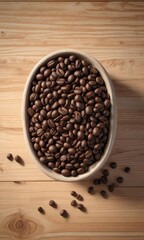 Coffee beans arranged in a small ceramic bowl on a wooden desk, office stationery, minimalist setup