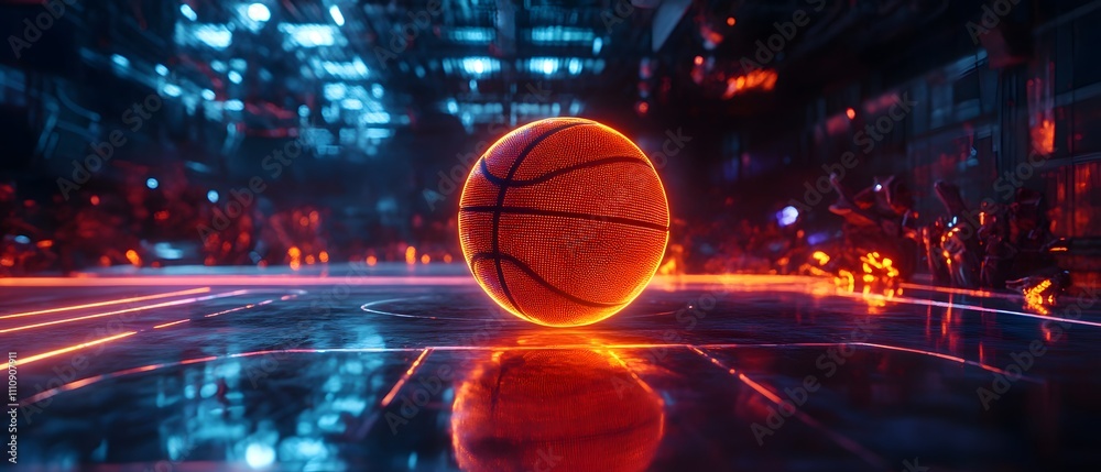 Poster a futuristic basketball gleaming in neon lights with a vibrant court reflected in a high-tech enviro
