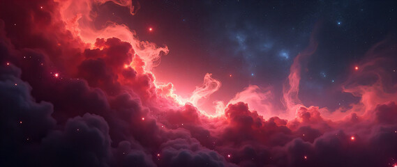 abstract red universe nebula clouds in space, with starry night cosmos galactic sky. wallpaper background