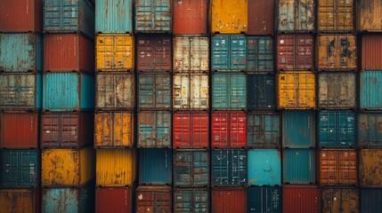 Fototapeta premium A vibrant array of stacked shipping containers showcases varying colors and textures, ideal for illustrating themes of logistics, trade, or industrial settings in marketing materials or presentations