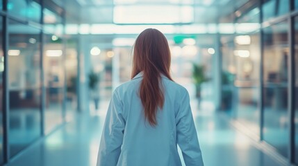 Obraz premium A young female doctor walking towards her office, seen from behind.