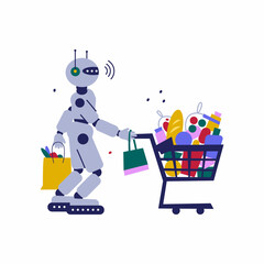 Robot pushing trolley cart full of groceries. Bot helper concept artificial intelligence. 
Artificial intelligence technology. Cartoon flat illustration. 