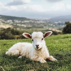 Obraz premium Cute funny small fur wool ram kid relax spring rustic Israel green lawn zoo ranch hill sky scene. Black line hand drawn bible cub child lie happy joy fun play look old retro ancient biblic art sketch