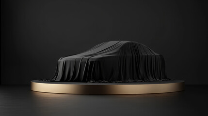 A mysterious car shape draped in black fabric on a golden pedestal in a dark setting
