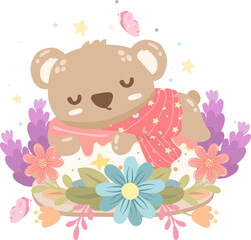 Fototapeta premium Cute little bear sleeping in a flower garden element