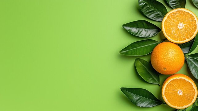 A photostock of orange juice with fresh citrus fruits and leaves on a vibrant green background, perfect for summer themes. High Quality