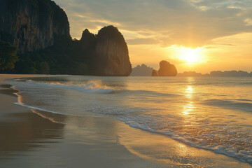 Serene sunset over a tranquil beach with rocky formations and gentle waves. - Powered by Adobe