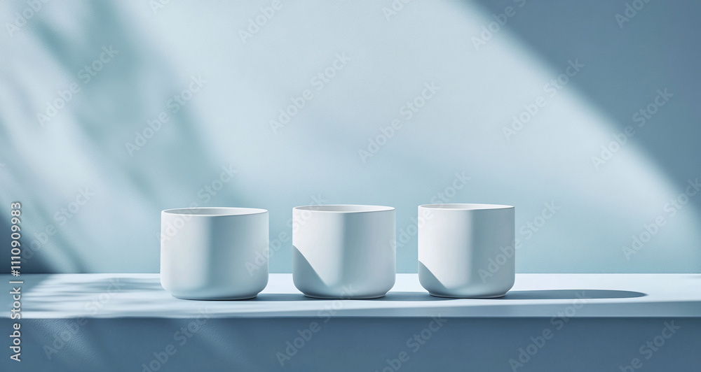 Poster Minimalist design featuring three white ceramic cups arranged on a shelf with soft shadows and light reflections