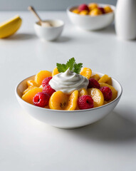 Clean White Table with Assorted Fruit Salad Featuring Kiwi Orange Strawberry Blueberry and Yogurt Dressing