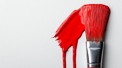 Close-up of a paintbrush with vibrant red paint dripping against a clean, white canvas background, creating a bold and artistic atmosphere.