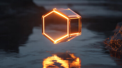 A 3D floating hexagonal prism with glowing edges, hovering above a dark reflective surface