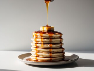Stack Of Pancakes With Butter And Syrup Dripping Down.