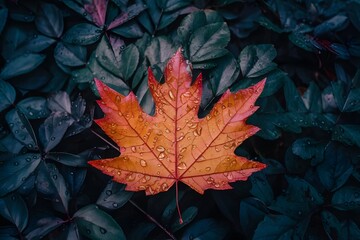 autumn leaf on the ground of brown leaves in a dark moody forest
