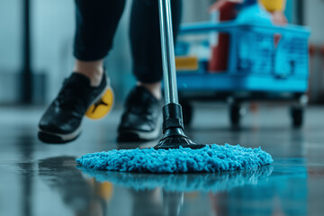 A person is cleaning a floor with a mop and bucket © Kate
