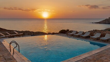 Fototapeta premium Swimming pool on Cyprus island at sunset - travel background