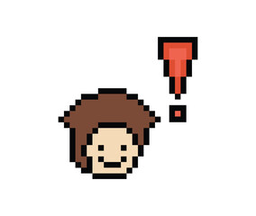 Fototapeta premium Cute pixel cartoon character man notice with exclamation mark decoration 8 bit male boy surprise idea exclamation alert cartoon pixel game png vector.