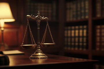 Golden scales of justice on a wooden desk in a law library with warm light

