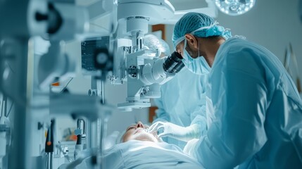 A skilled surgeon is focusing on a patient's eye while using advanced surgical equipment in a well-lit operating room. The atmosphere reflects precision and care typical of a surgical environment