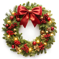 Christmas decoration Floral wreath, red bow, berries and gold lights isolated 