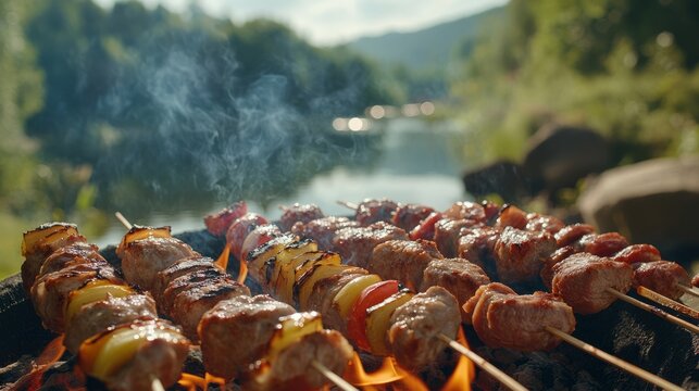 Juicy skewers of meat and colorful vegetables are grilling over hot coals near a serene river, creating a warm, inviting atmosphere filled with smoke and nature sounds