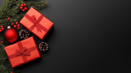 A photostock of Christmas-themed flat lay featuring red ornaments and gift boxes with a Santa belt design on a black background. High Quality