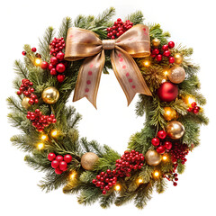 Christmas decoration Floral wreath, red bow, berries and gold lights isolated 