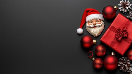 A photostock of Christmas-themed flat lay featuring red ornaments and gift boxes with a Santa belt design on a black background. High Quality