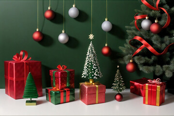 A minimalist setup featuring small Christmas trees and colorful baubles against a green backdrop, evoking holiday spirit