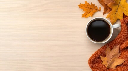 A photostock of a cozy autumn-themed flat lay with a cup of coffee, dried leaves, and a soft scarf on a wooden table. High Quality