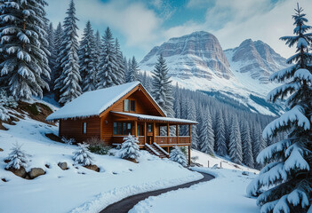 A charming wooden cabin nestled in a snowy landscape, surrounded by towering pines and majestic mountains. The scene captures the serene beauty of winter
