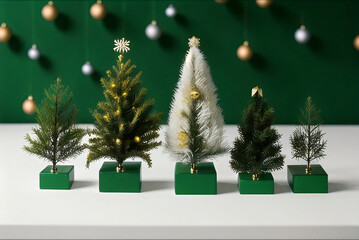 A minimalist setup featuring small Christmas trees and colorful baubles against a green backdrop, evoking holiday spirit