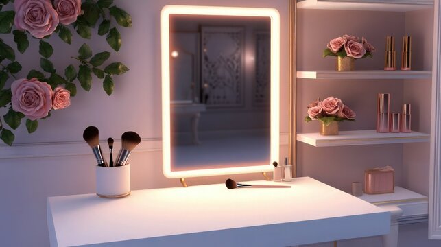 Minimalist vanity with a glowing mirror, white tabletop holding makeup brushes and delicate roses. 