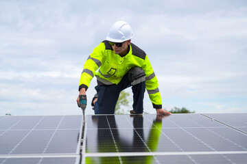 Renewable Energy Eco Technology Electric Power. Worker assemble energy system with solar panel for electricity.