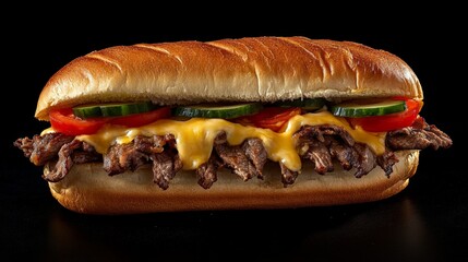 A delicious sandwich filled with beef, cheese, vegetables, and served on a toasted bun.