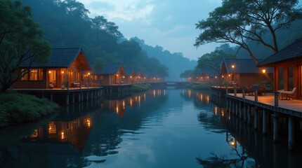 Obraz premium Tranquil Stilt Village Above a Calm Lake