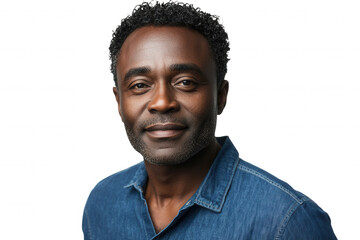 A man with curly hair and a warm smile stands confidently, dressed in a denim shirt. The background is transparent, emphasizing his friendly demeanor and relaxed style. His expression conveys approach