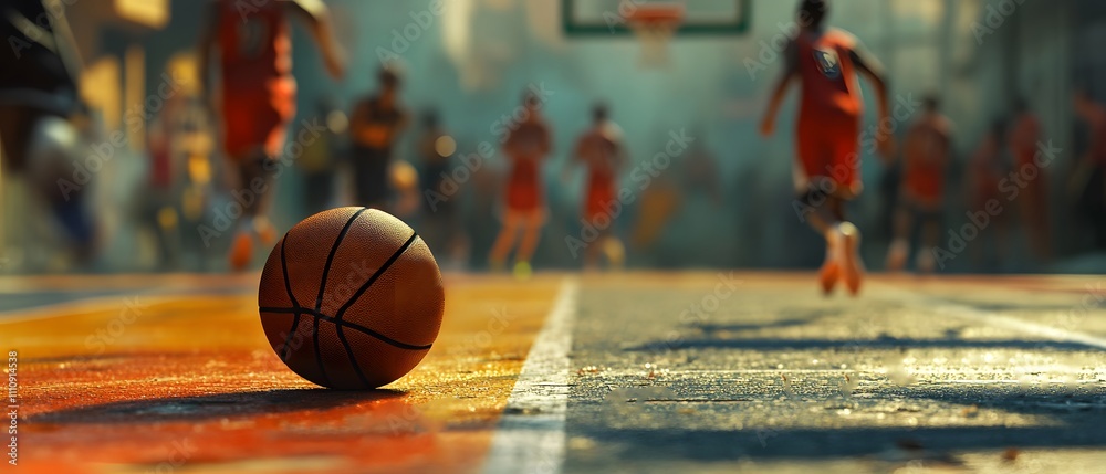 Poster dynamic urban basketball scene with focus on basketball in foreground and players engaged in game in