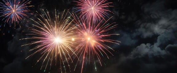 Fototapeta premium Colorful firework burst overlay on dark sky backdrop, explosive, festive, explosion
