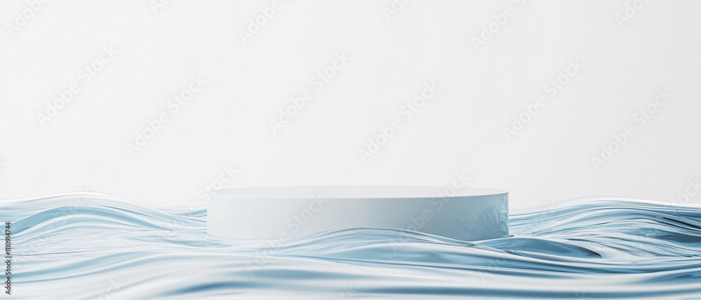 Poster Floating circular object on calm water with soft ripples reflecting light in serene surroundings