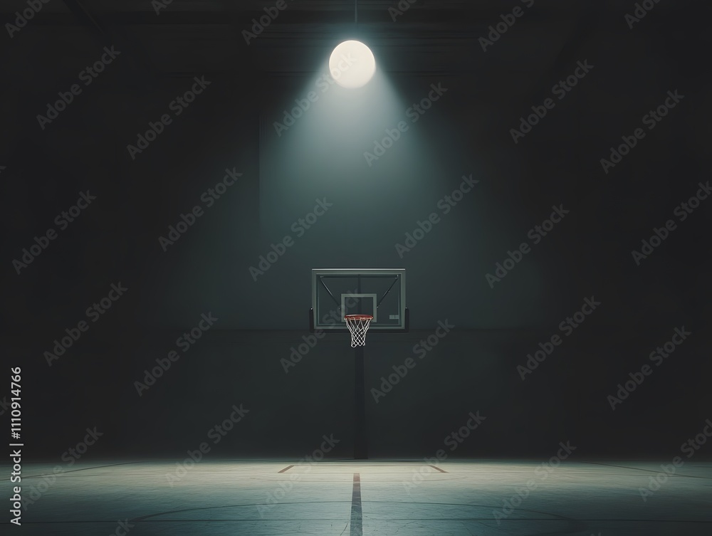 Aufkleber captivating atmosphere of a basketball court under spotlights, creating a dramatic and enigmatic sce