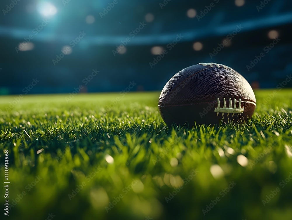 Poster close-up of a rugby ball on green grass field awaiting action in a stadium with blurred spectator ba