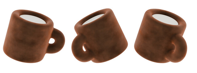 chocolate brown colored mug cups, 3d icon cup, transparent background, png