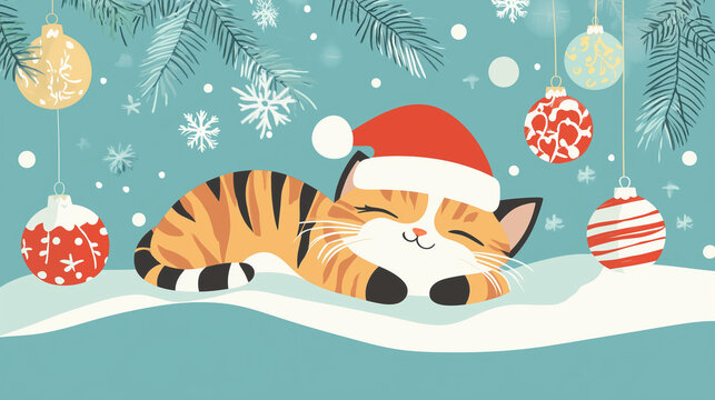 A whimsical cat wearing a Santa hat and playing with ornaments, ñute vector illustration, greeting card, website banner