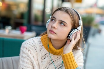 A young woman listens to music with headphones while sitting at a cafe on a cool autumn day. She wears a cozy sweater and looks contemplative, surrounded by the vibrant atmosphere of city life.