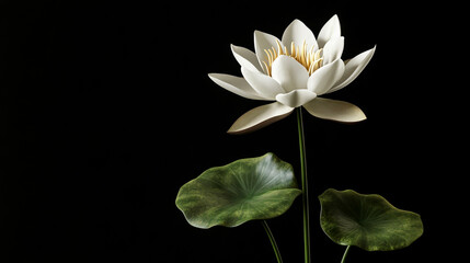 Fototapeta premium White water lily flower with green leaves on a black background