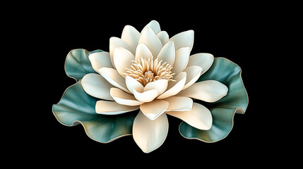 White water lily flower with green leaves on a black background