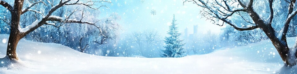 A serene winter landscape with snowy trees and a tranquil atmosphere, evoking a sense of peace and cold beauty.