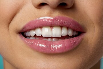 Fototapeta premium his image shows a close-up view of a womans mouth smiling with her teeth showing 