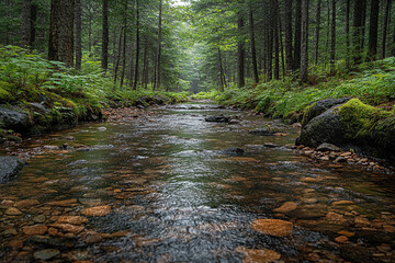 Obraz premium Serene Forest Stream Flowing Through Lush Green Trees