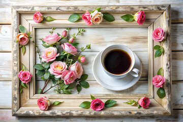 A white coffee cup sits in a frame with pink flowers